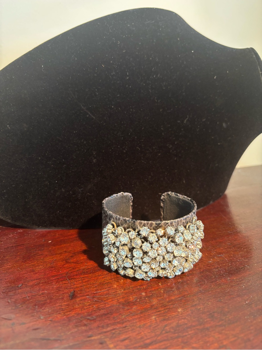 Crystal Cluster Cuff Bracelet - Black with Clear Crystals